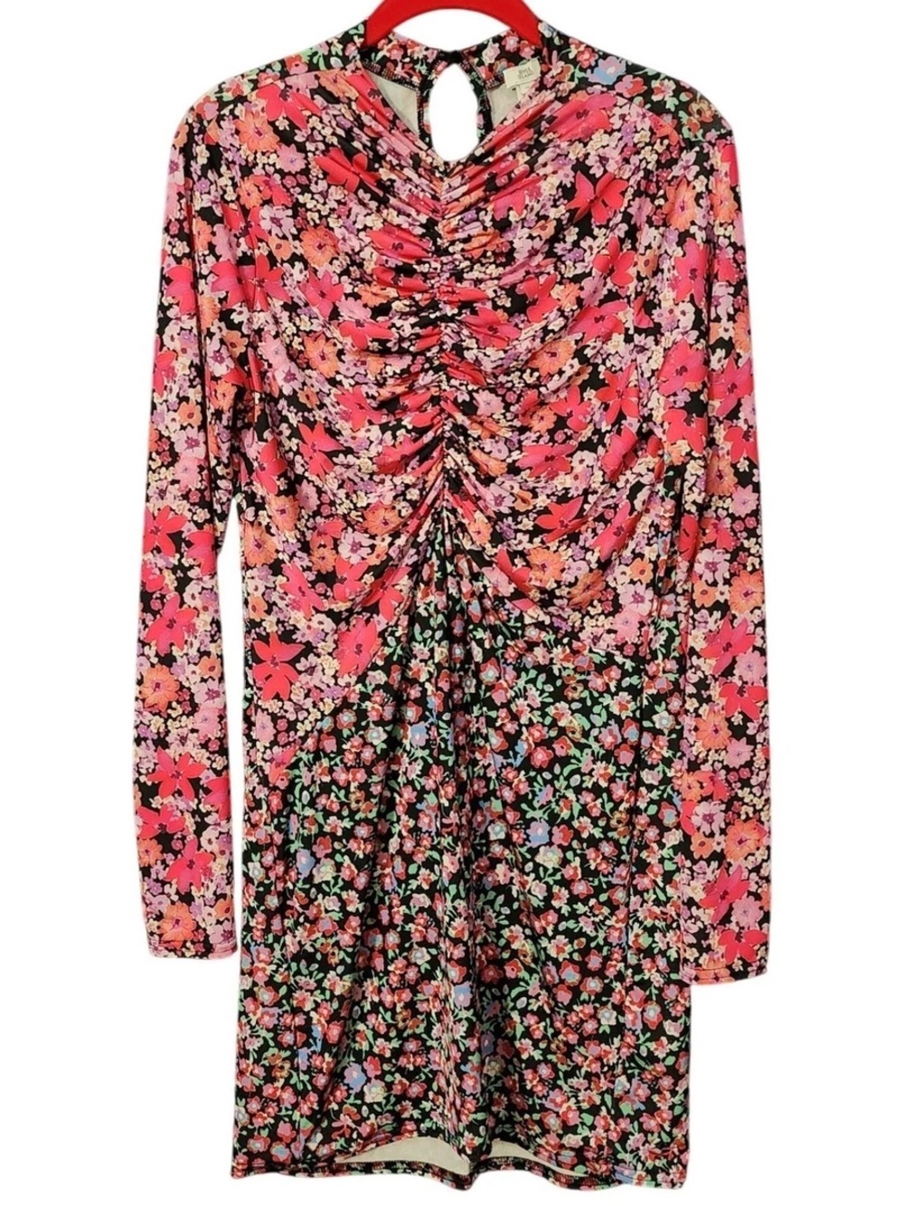 River Island Floral Mock-Neck Ruched Long-Sleeve Mini Dress Size 16